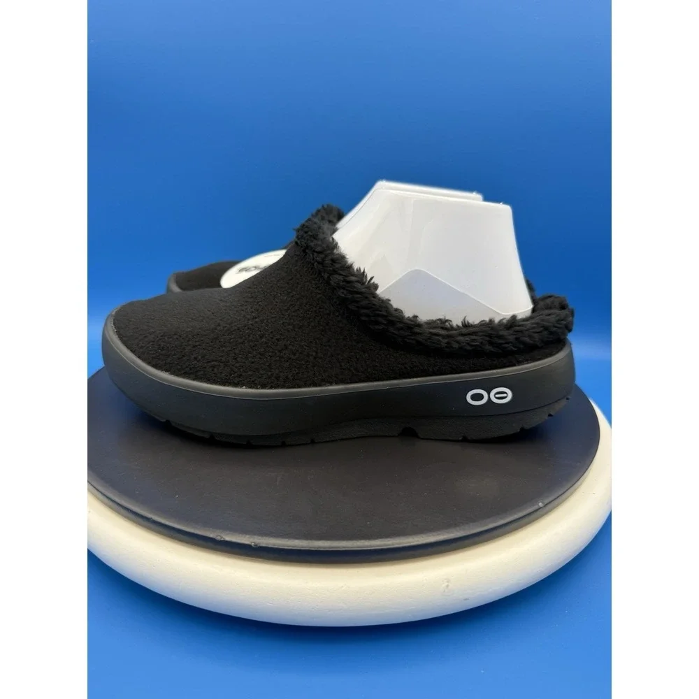 Oofos Oocoozie Mule Mens Size 8 Black Sherpa Comfort Recovery Slip‎ On Shoes